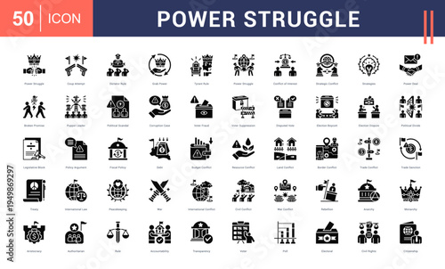 Power Struggle Icon Set. power struggle, coup attempt, dictator rule, grab power, tyrant rule and more. Glyph vector icons collection.