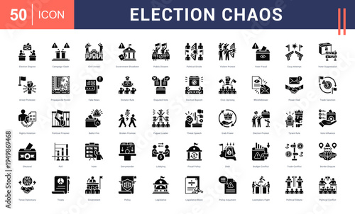 Election Chaos Icon Set. election dispute, campaign clash, civil unrest, government shutdown, public dissent and more. Glyph vector icons collection.