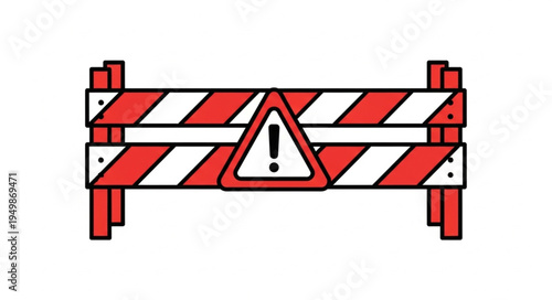 Red and white striped construction barrier with warning sign.
