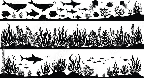 Underwater ocean silhouettes set with sharks, whales, fish, jellyfish and sea plants, marine life coral reef scene illustration