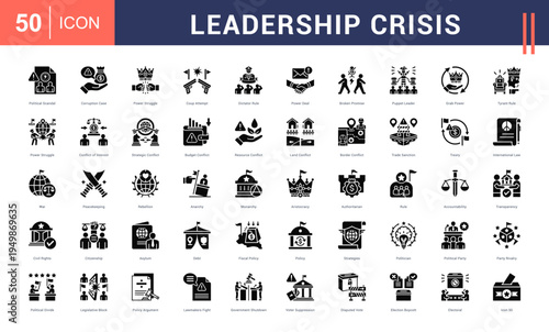 Leadership Crisis Icon Set. political scandal, corruption case, power struggle, coup attempt, dictator rule and more. Glyph vector icons collection.