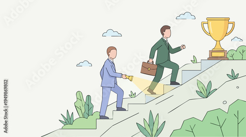 Businesspeople Climbing Stairs Towards a Trophy on a Hilltop for Success and Achievement
