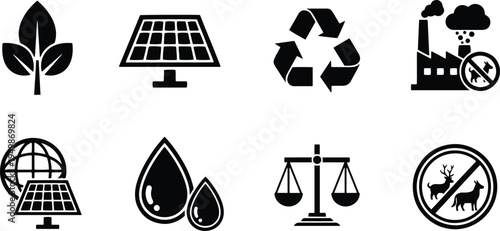 A set of vector line art silhouettes illustrating eco-friendly concepts and environmental conservation.