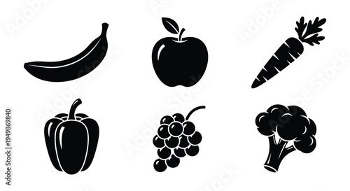 Black and white illustration depicting a variety of fruits and vegetables