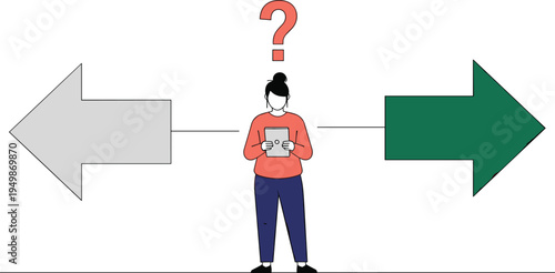 Woman making decision between two directions, choice concept with arrows, uncertainty and decision making business illustration vector