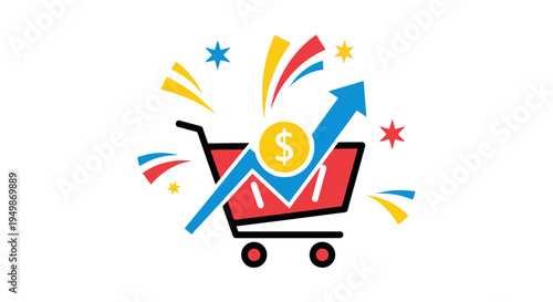 Shopping cart with growing sales graph.