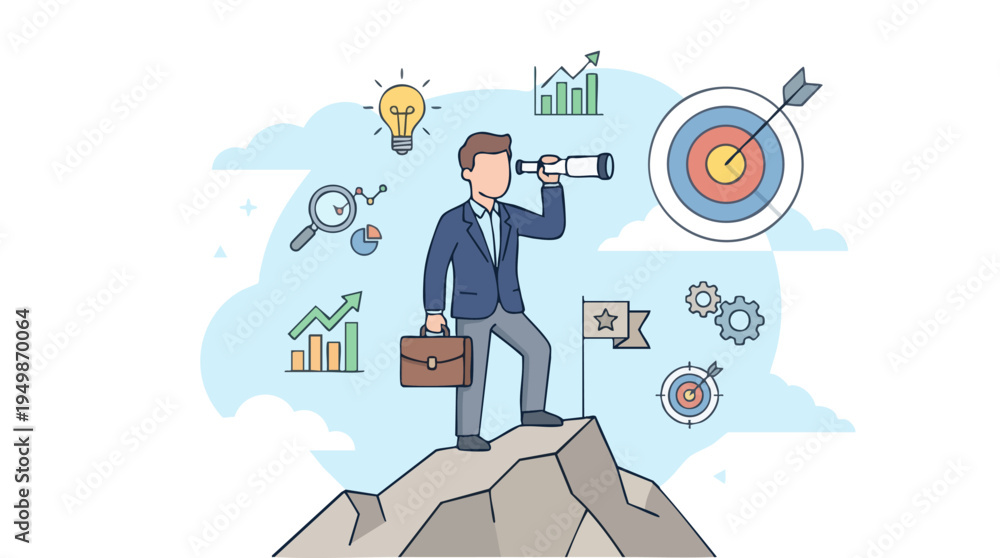 Naklejka premium Businessperson in a suit standing on a mountain peak with a telescope, surrounded by graphs and icons representing growth, strategy, and innovation