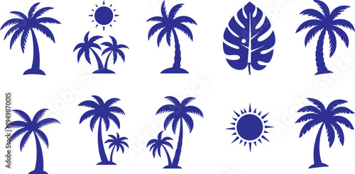 Tropical palm tree and sun silhouettes