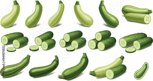 Zucchini and cucumber vegetable collection. Whole squash and sliced cucumber pieces isolated. Fresh organic summer vegetables for cooking ingredients, healthy food design, and farm produce graphics.