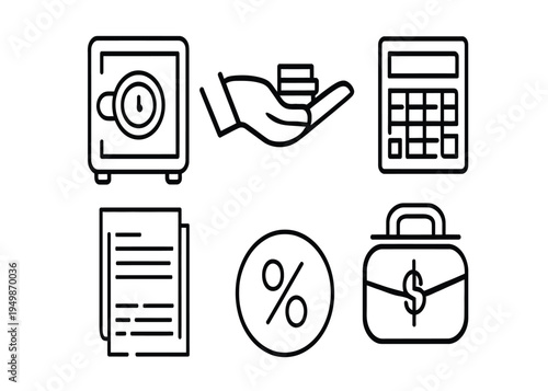 Modern financial and business vector outline icons set, illustrating key concepts like banking, money management, accounting, investment, and asset security for digital design projects