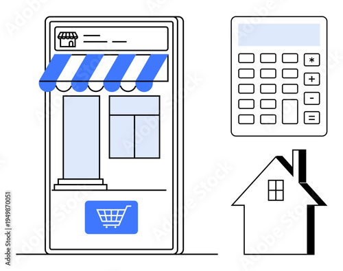 E-commerce, financial planning, real estate, online retail, homeownership, budgeting. Smartphone storefront, calculator and house. E-commerce and financial planning conceptual design