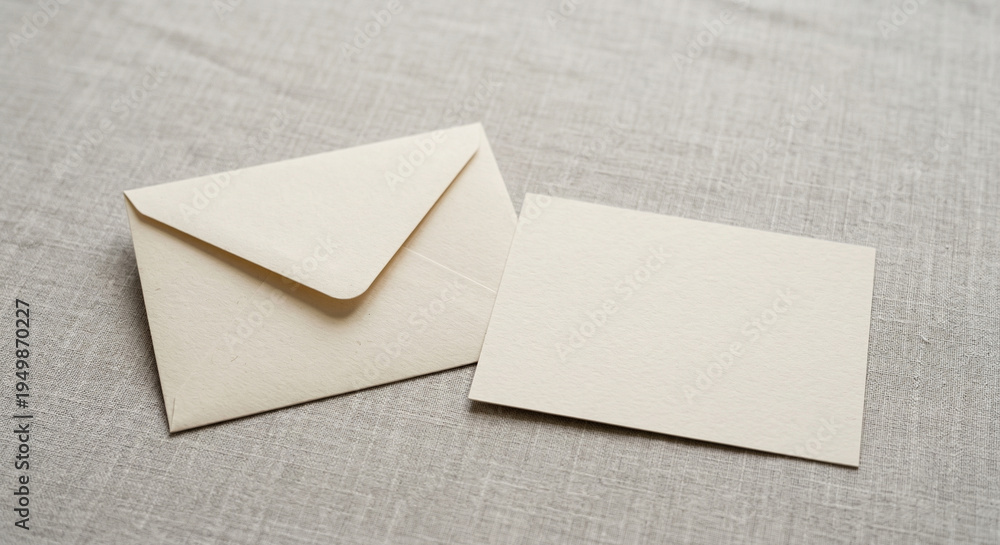 Fototapeta premium Envelope with envelope and blank card on linen background for clean workspace and stationery concept