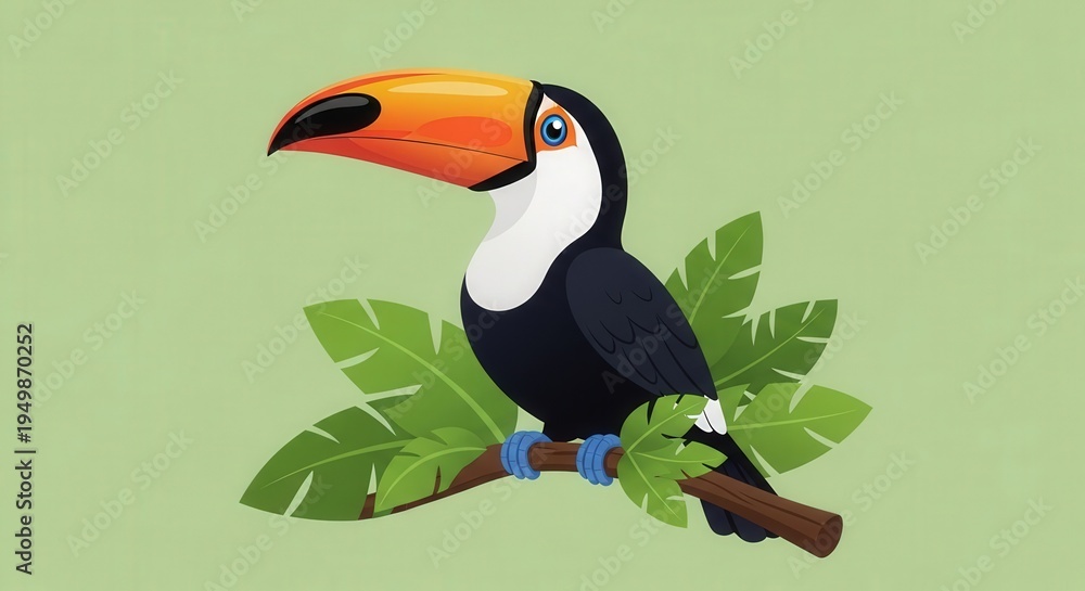 Obraz premium Colorful Tropical toucan perched on leafy branch in vibrant jungle scene