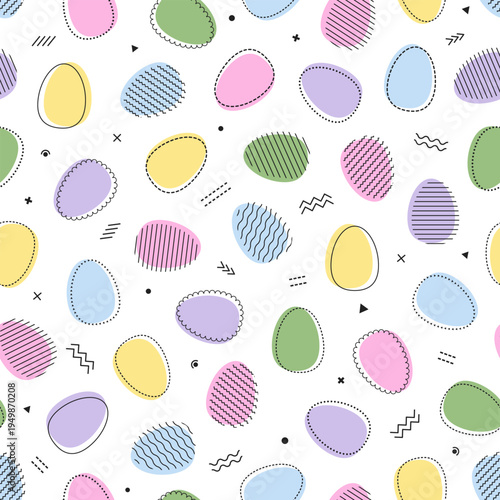 Festive seamless pattern with colored Easter eggs in memphis style. Vector graphics foe web, print. Geometric shapes, lines, circle, waves.