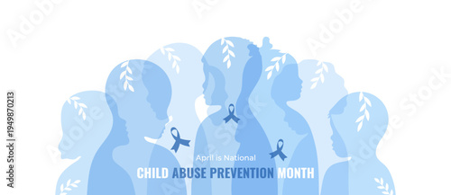 National Child Abuse Prevention Month observed each year during April banner. Holiday poster, card and background design with children silhouette. Vector illustration in flat style.