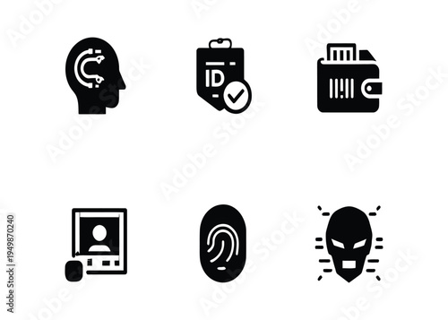 A collection of icons representing identification, security, and personal information management, including biometric data and digital identity verification