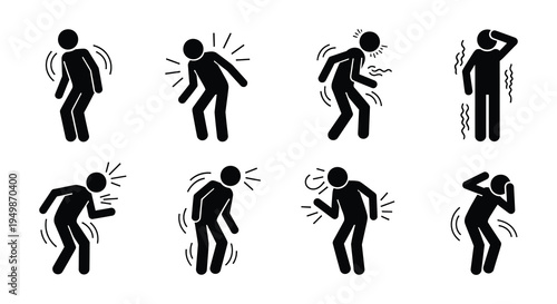 Stick figures depicting various states of physical discomfort and pain