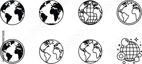 A set of vector line art silhouettes of the Earth globe in various styles and designs
