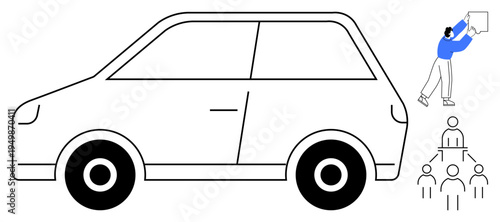 Car design connected with organizational collaboration. Car technology aligns with teamwork and planning strategies. Car design applies in innovation, teamwork, planning, transportation