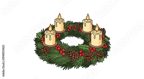 Advent Wreath with Four Candles, Pine Cones, Holly, and Berries on White Background