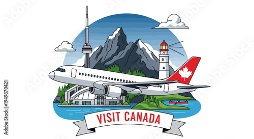 Airplane flying over Canadian landmarks and nature, travel concept