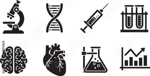A set of vector line art silhouettes depicting various medical and scientific symbols and icons in black.