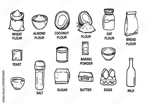 Comprehensive Hand-Drawn Assortment of Essential Baking Ingredients Flour, Sugar, Butter, Eggs, and More, Perfect for Culinary Blogs, Recipe Cards, and Kitchen-Themed Design Projects