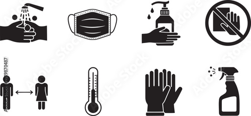 A set of vector line art silhouettes depicting various COVID-19 pandemic prevention measures and safety protocols