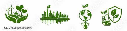 Set of green eco sustainability icons featuring caring hands, mirrored city skyline, globe with sprout, and laboratory shield symbols for environmental protection and clean innovation.