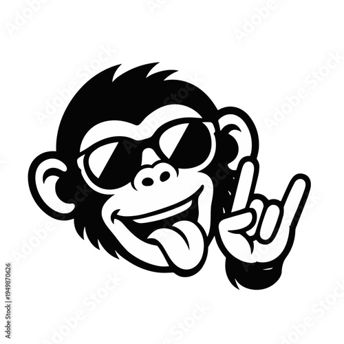 Cheeky monkey in sunglasses showing rock hand sign and tongue out in bold black vector style. Energetic mascot for music branding, stickers, festivals and youth culture graphics.