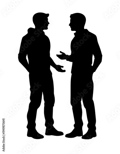 Black silhouette of two men standing and talking in discussion. Minimal male conversation vector for communication, business, friendship, debate and social themes.
