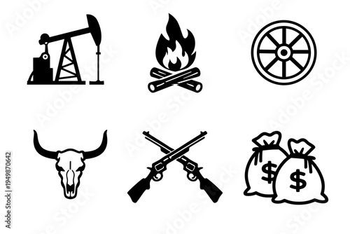 Monochrome wild west icon set with oil pump, campfire, wagon wheel, bull skull, crossed rifles, and money bags. Frontier industry, danger, and cowboy culture concept.