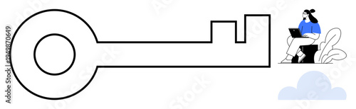 Digital security. Large key symbol linked to remote work and cloud connectivity. Digital security concerns access, privacy, and innovation. For cybersecurity, cloud storage, encryption, data sharing