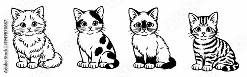 Black and white set of fluffy kittens in varied sitting poses and coat patterns. Outline vector collection with cute pet character concept for coloring pages, stickers and prints.