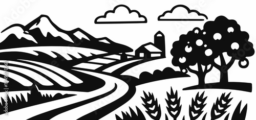 A black and white countryside landscape with winding road, mountains, trees and farm buildings. Scenic agriculture, rural travel and nature panorama concept.