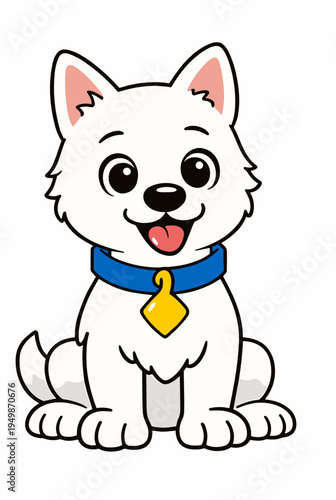 Bright white spitz style puppy with pointed ears, blue collar, and gold tag. Clean pet character illustration for children media, rescue content, branding, and sticker design.