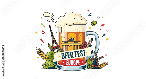Beer Fest Europe Illustration: Iconic Landmarks and Festive Elements