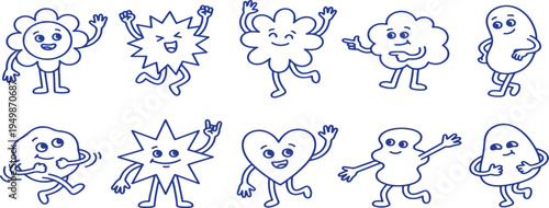 Smiling character and mascots illustrations. Abstract funny cartoon stickers and line icons. Vector logo design elements and emoji emblems for web and ui advertising, branding, posters and banners.