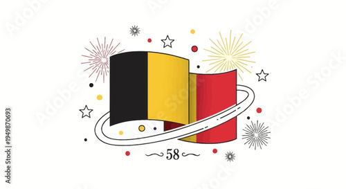 Belgian Flag Waving with Fireworks and Stars - National Celebration