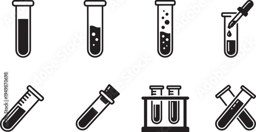 A set of vector line art silhouettes of laboratory test tubes and holders in black on white
