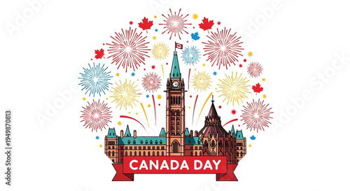 Canada Day Celebration: Parliament Building with Fireworks and Maple Leaves