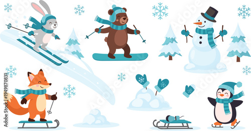 Cute Winter Animal Activity Collection with Rabbit Bear Fox Penguin Skiing Snowboarding Skating Snowman Snowflakes and Winter Sports Vector Illustration Set