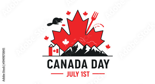 Canada Day July 1st Celebration Icon: Maple Leaf, Beaver, Mountains, Fork