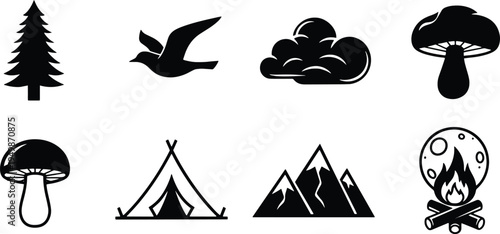A set of vector line art silhouettes depicting camping and outdoor elements in a simple style