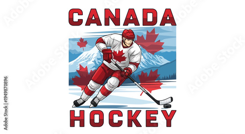 Canada Hockey Player Skating with Maple Leaves and Mountains Background