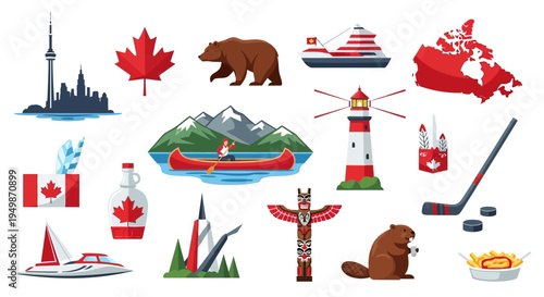 Canada Icons Collection: Maple Leaf, Beaver, Moose, Canoe, Lighthouse, Hockey