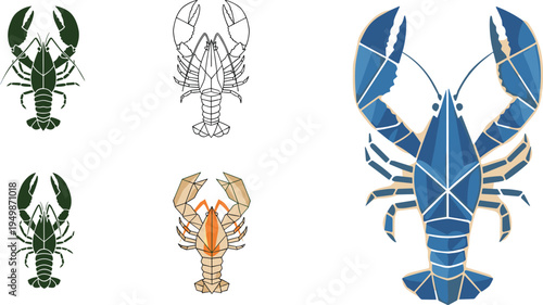 Lobster vector illustration set. Geometric lobster and silhouette crustacean icons. Seafood marine animal design collection isolated.