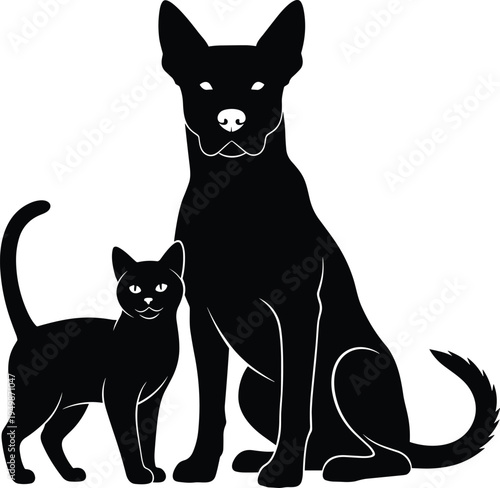 dog and cat silhouette illustration, pet animals sitting together, domestic pet friendship concept vector isolated on white background