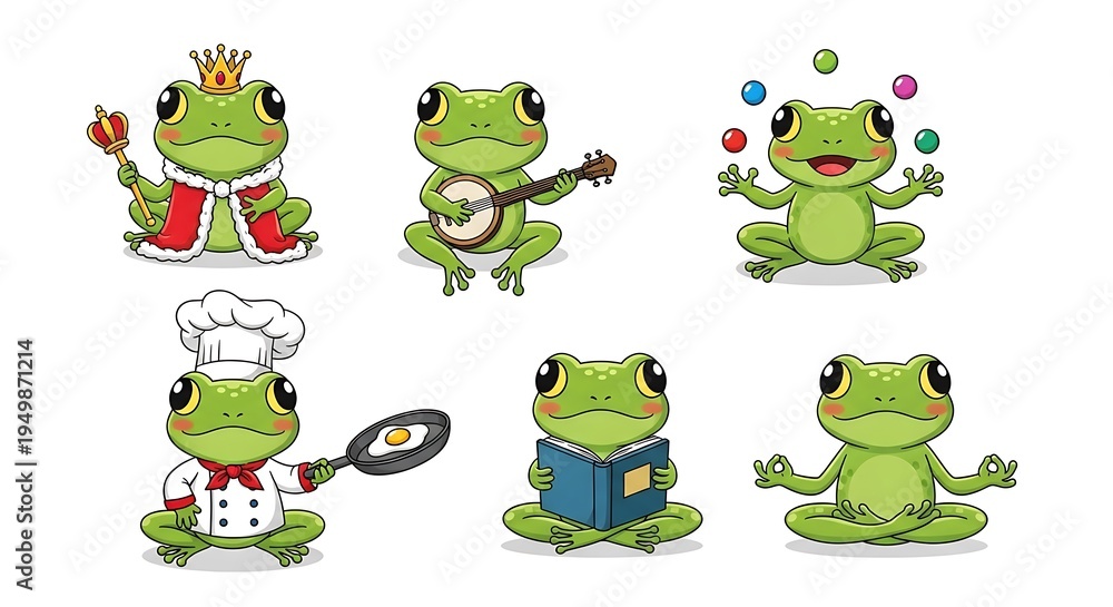 Fototapeta premium Six green frogs dressed as different characters