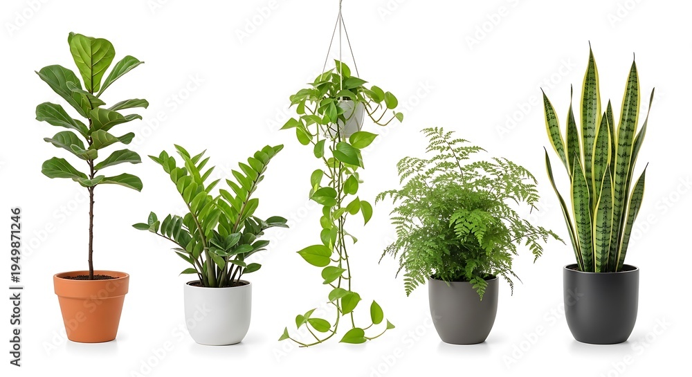 Obraz premium Collection of five different indoor potted plants on plain white surface